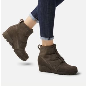 Sorel Evie Lace Up Grey Suede Leather Wedge Ankle Booties